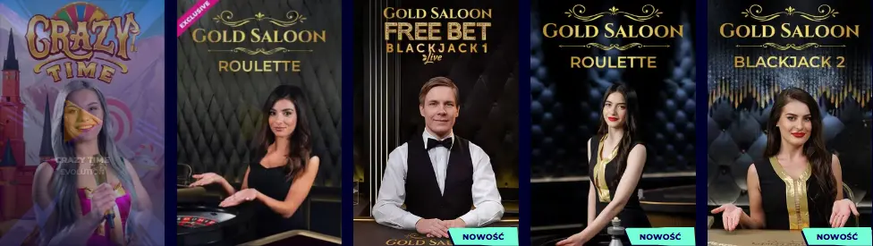 Live casino Mr Pacho – podgląd gier: Crazy Time oraz stoły Gold Saloon (Roulette, Free Bet Blackjack, Blackjack), część oznaczona etykietą „Nowość”.