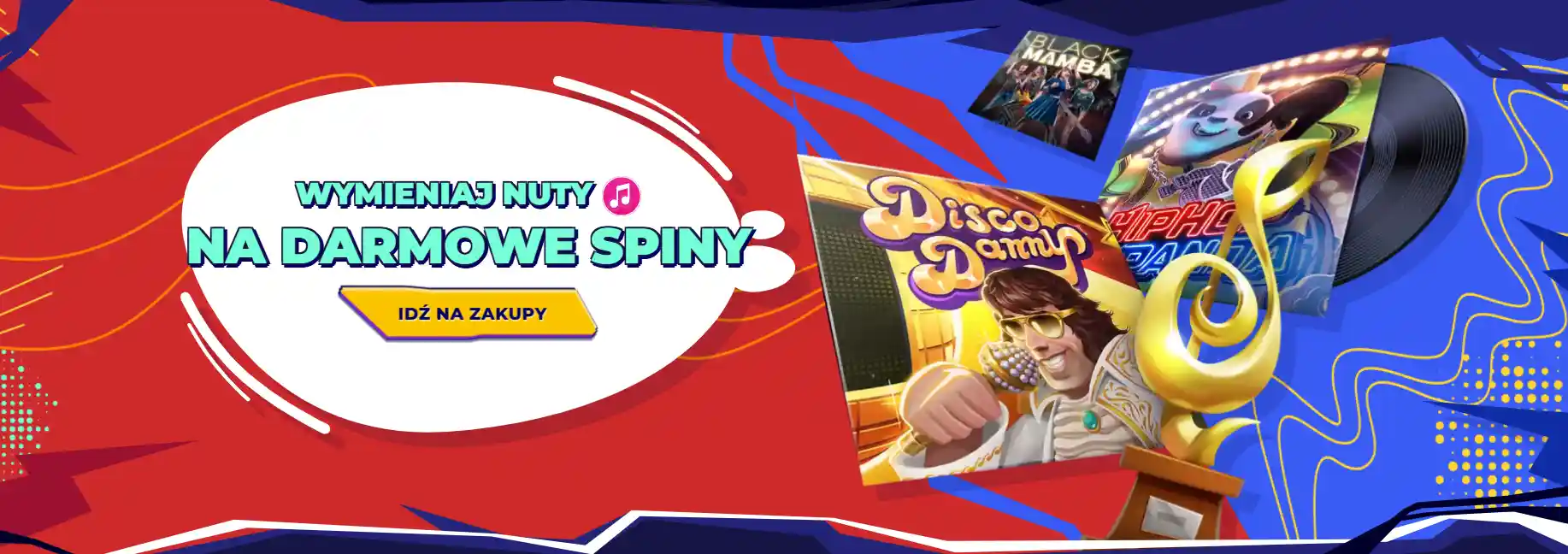Baner Mr Pacho – „Wymieniaj nuty na darmowe spiny”; po lewej przycisk akcji.