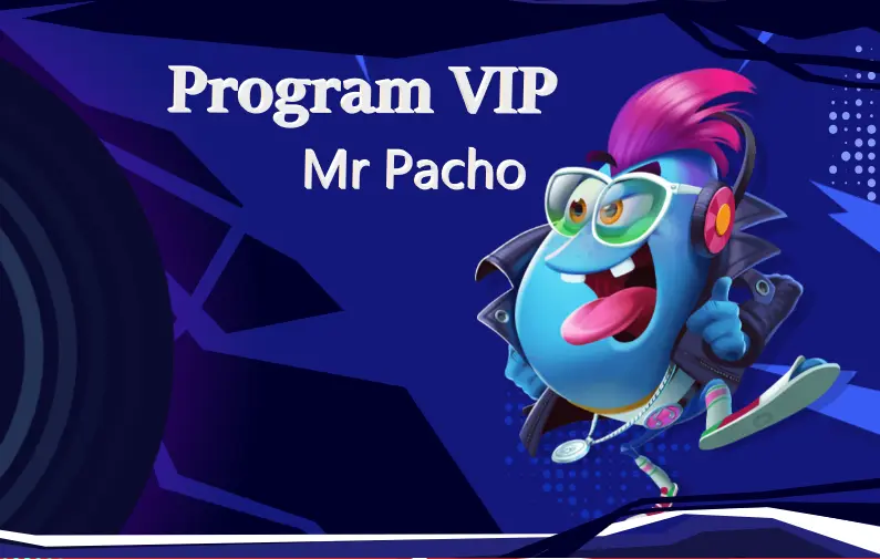 Baner „Program VIP” w kasynie Mr Pacho – niebieski maskotka z różowym irokezem i słuchawkami biegnie po granatowym tle.