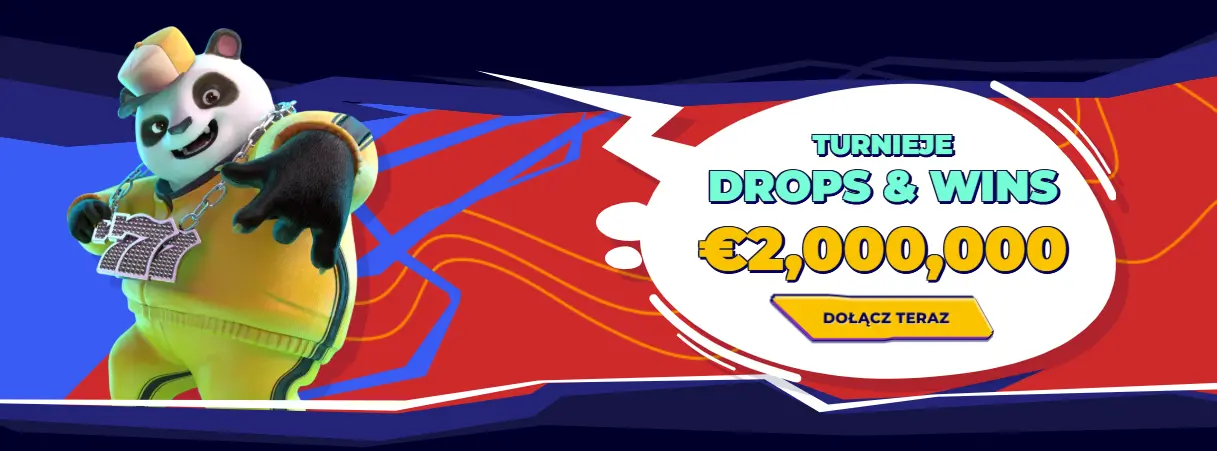 Baner turniejowy Mr Pacho „Drops & Wins” – łączna pula nagród €2 000 000; uśmiechnięta panda w żółtym stroju wskazuje na przycisk „Dołącz teraz” na czerwono-niebieskim tle.